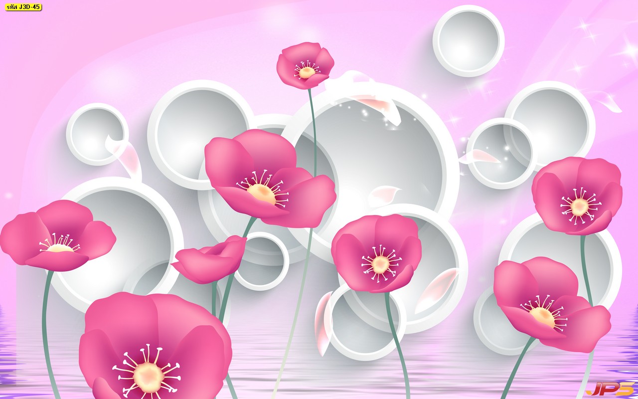 ภาพดอกไม้สีชมพู3Dบนพื้นหลังวงกลมสีขาว